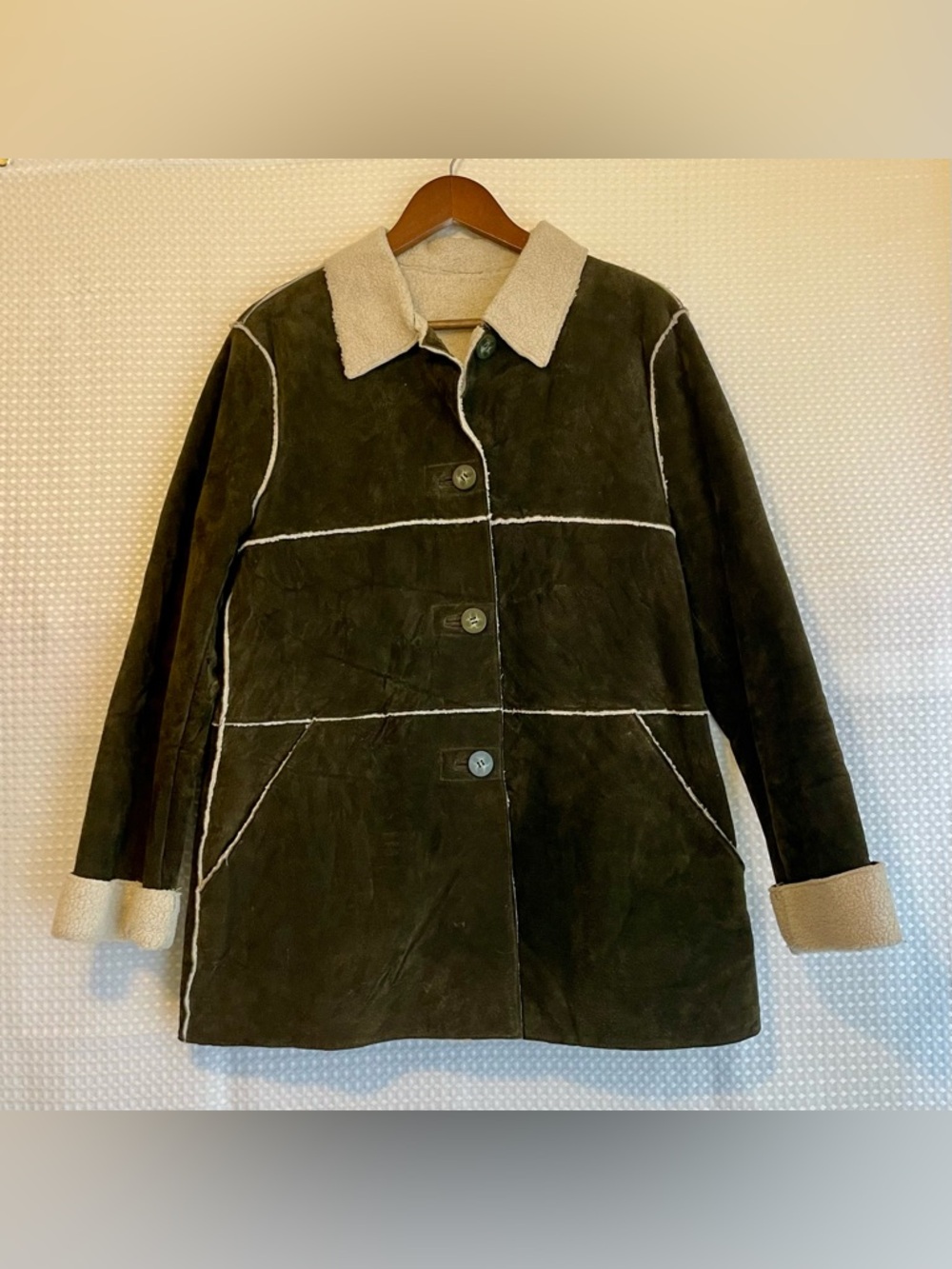 WINLIT Suede Leather Faux Shearling Sherpa Lined Size L Boho Coat Olive #752